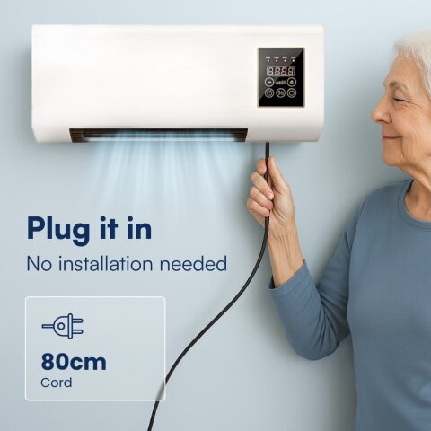 Senior woman plugging in EpiCooler wall air conditioner with 80cm cord – no installation needed, plug and use