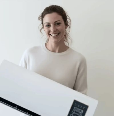 Smiling woman holding the EpiCooler portable wall-mounted air conditioner – lightweight and easy to carry