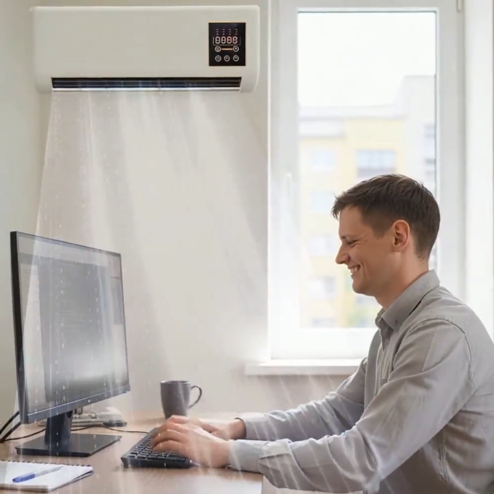 Man working comfortably at home office desk with EpiCooler wall air conditioner blowing cool air – productive and comfortable